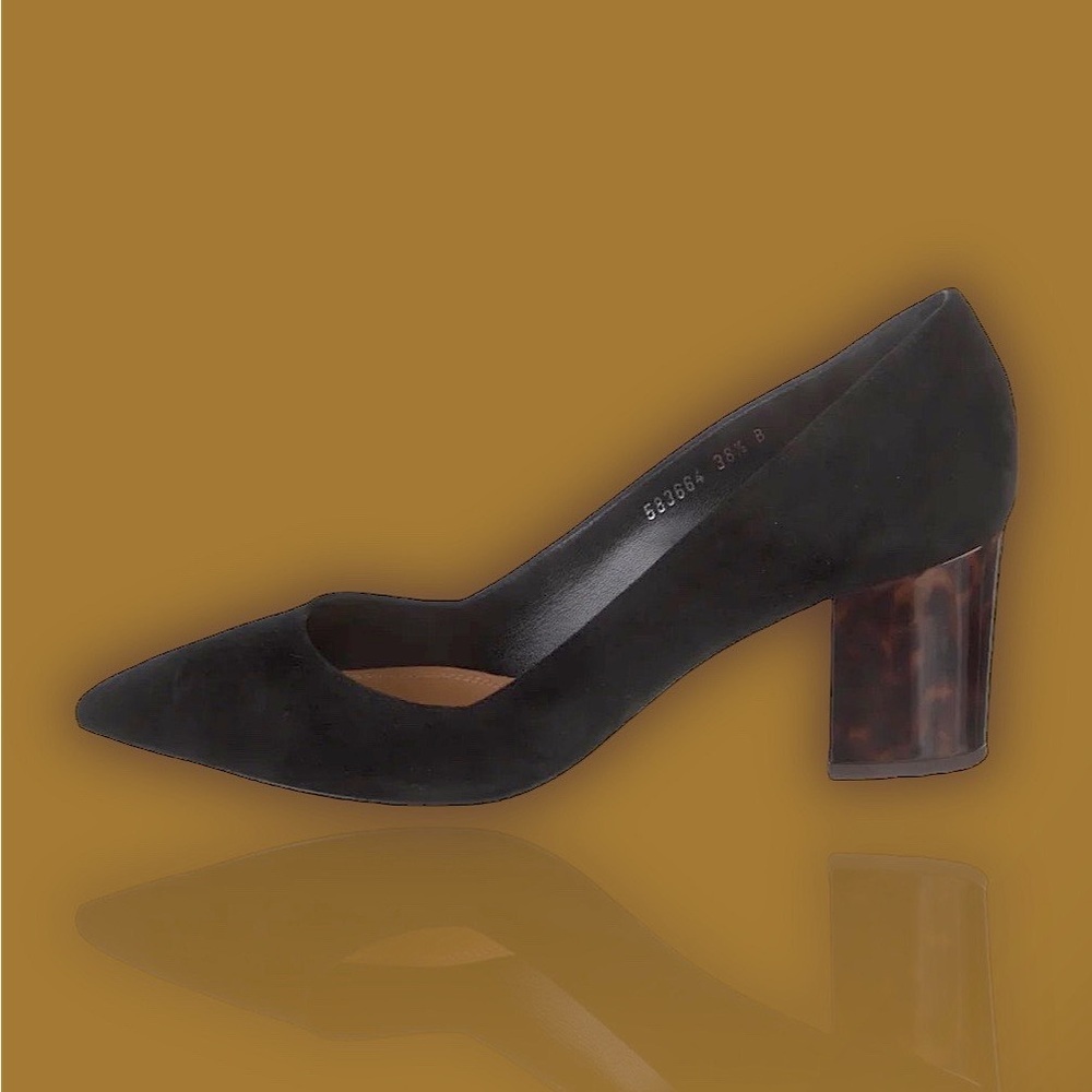 Ralph Lauren Purple Collection Black Calf Suede ‘Ines’ Tortoise Shell Heel Pumps